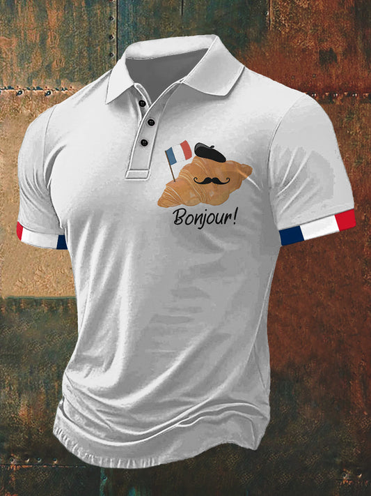 T-shirt à manches courtes à col polo pour homme Bonjour Print