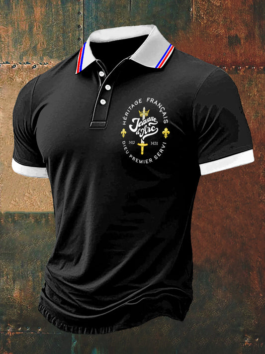 French Badge Print Polo Neck T-shirt à manches courtes pour hommes