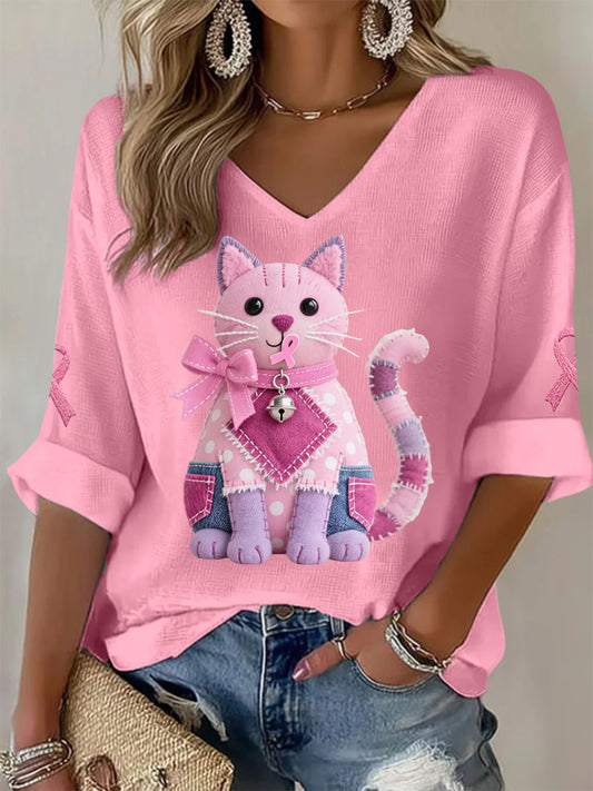 T-shirt à manches longues pour femme Chat rose Ruban de sensibilisation au cancer du sein