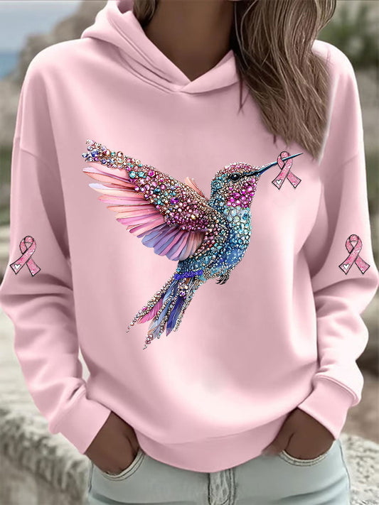 Sweat à Capuche Femme Rose Imprimé Colibri