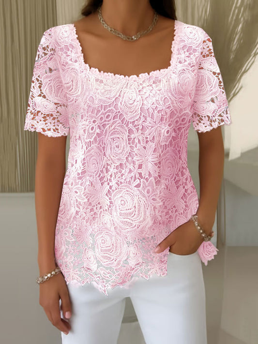 T-shirt Décontracté Femme Rose Imprimé Dentelle