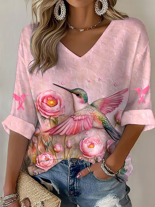 Women's Breast Cancer Awareness Pink Colibri V-Neck Waffle Top
