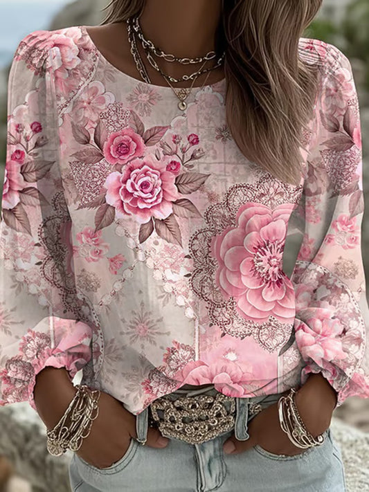 T-shirt Décontracté Imprimé Fleur Rose Femme
