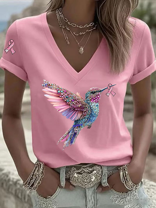 T-shirt décontracté à col en V à imprimé ruban rose pour femmes