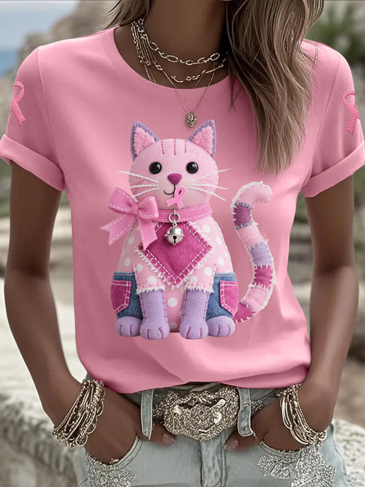 T-shirt rose de soutien de conscience de cancer du sein de ruban de chat rose des femmes