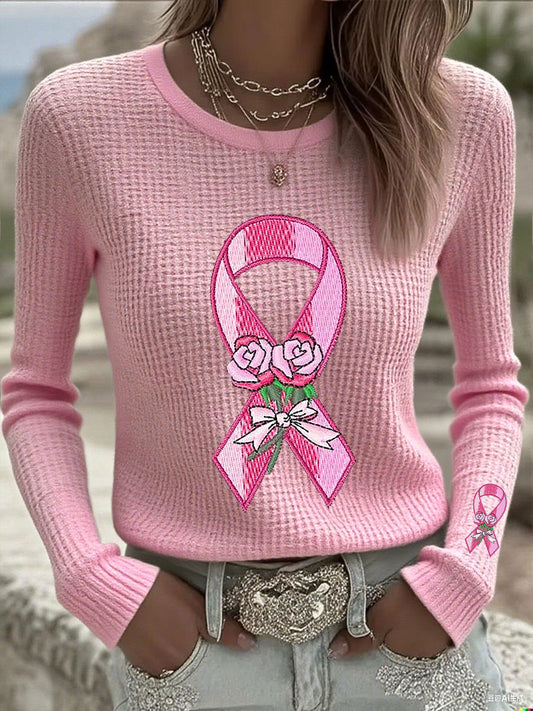 T-shirts à manches longues Rose Waffle Breast Cancer Femme
