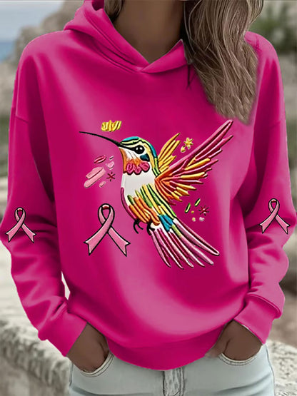 Sweat à Capuche Femme Rose Imprimé Colibri