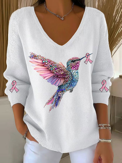 Haut décontracté à imprimé colibri pour femmes, sensibilisation au cancer du sein