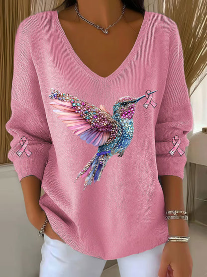 Haut décontracté à imprimé colibri pour femmes, sensibilisation au cancer du sein