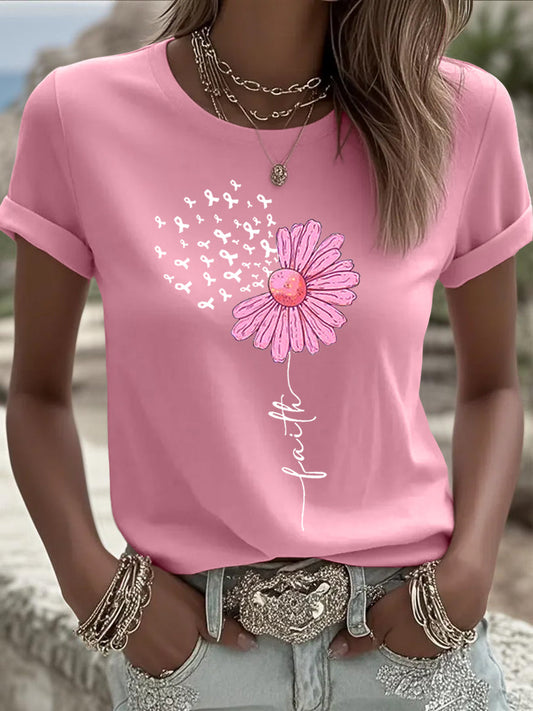 Femmes Rose Ruban Tournesol Imprimer Cancer Du Sein Sensibilisation Soutien Tee