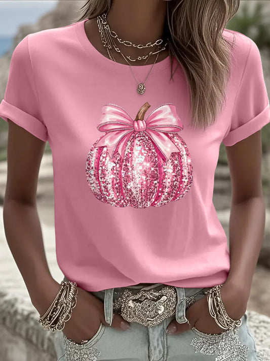 T-shirt rose de soutien de sensibilisation au cancer du sein à imprimé citrouille pour femmes