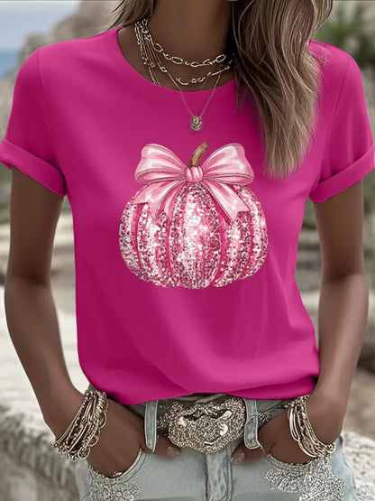 T-shirt rose de soutien de sensibilisation au cancer du sein à imprimé citrouille pour femmes