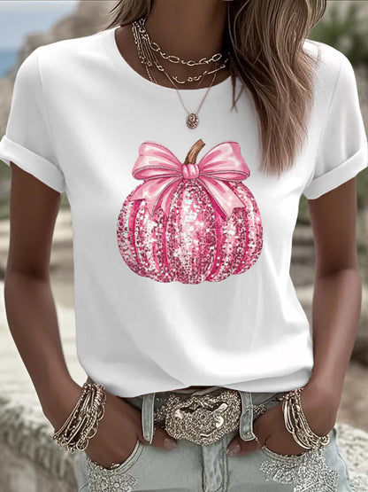 T-shirt rose de soutien de sensibilisation au cancer du sein à imprimé citrouille pour femmes