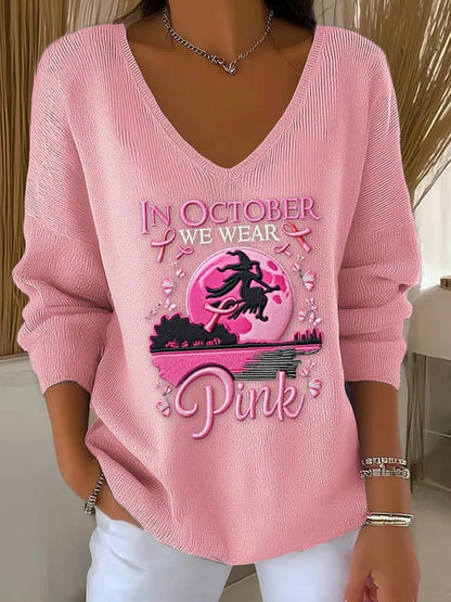 Sensibilisation au cancer du sein pour femmes Nous portons un haut rose à manches longues à rayures Witch Pit