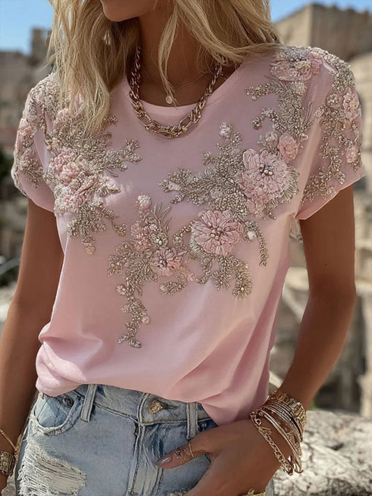 T-shirt Décontracté Femme Rose Imprimé Floral
