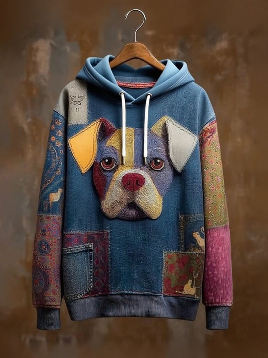 Sweat à Capuche Décontracté Vintage Patchwork Chien Imprimé Art