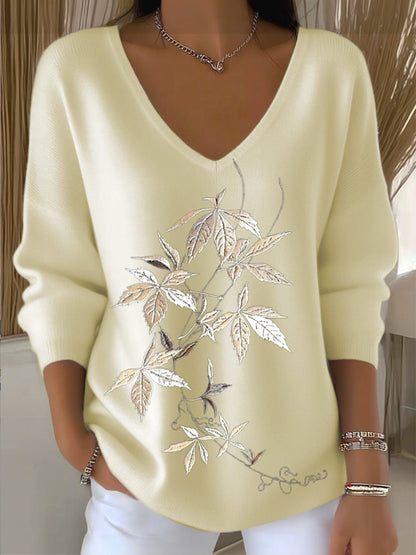 Pull col V pour femme brodé de feuilles beiges