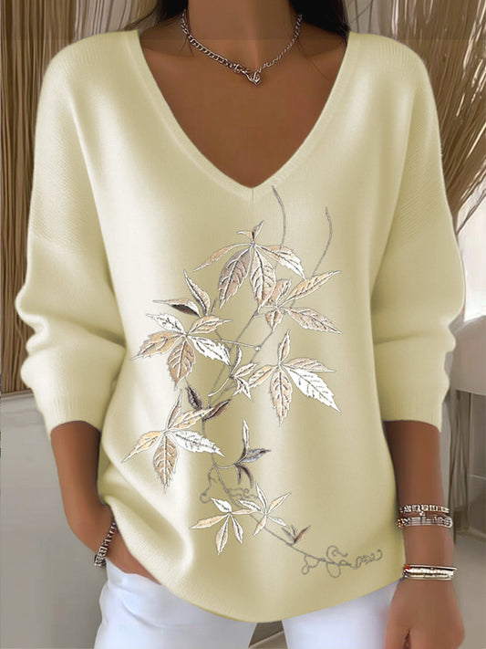 Pull col V pour femme brodé de feuilles beiges