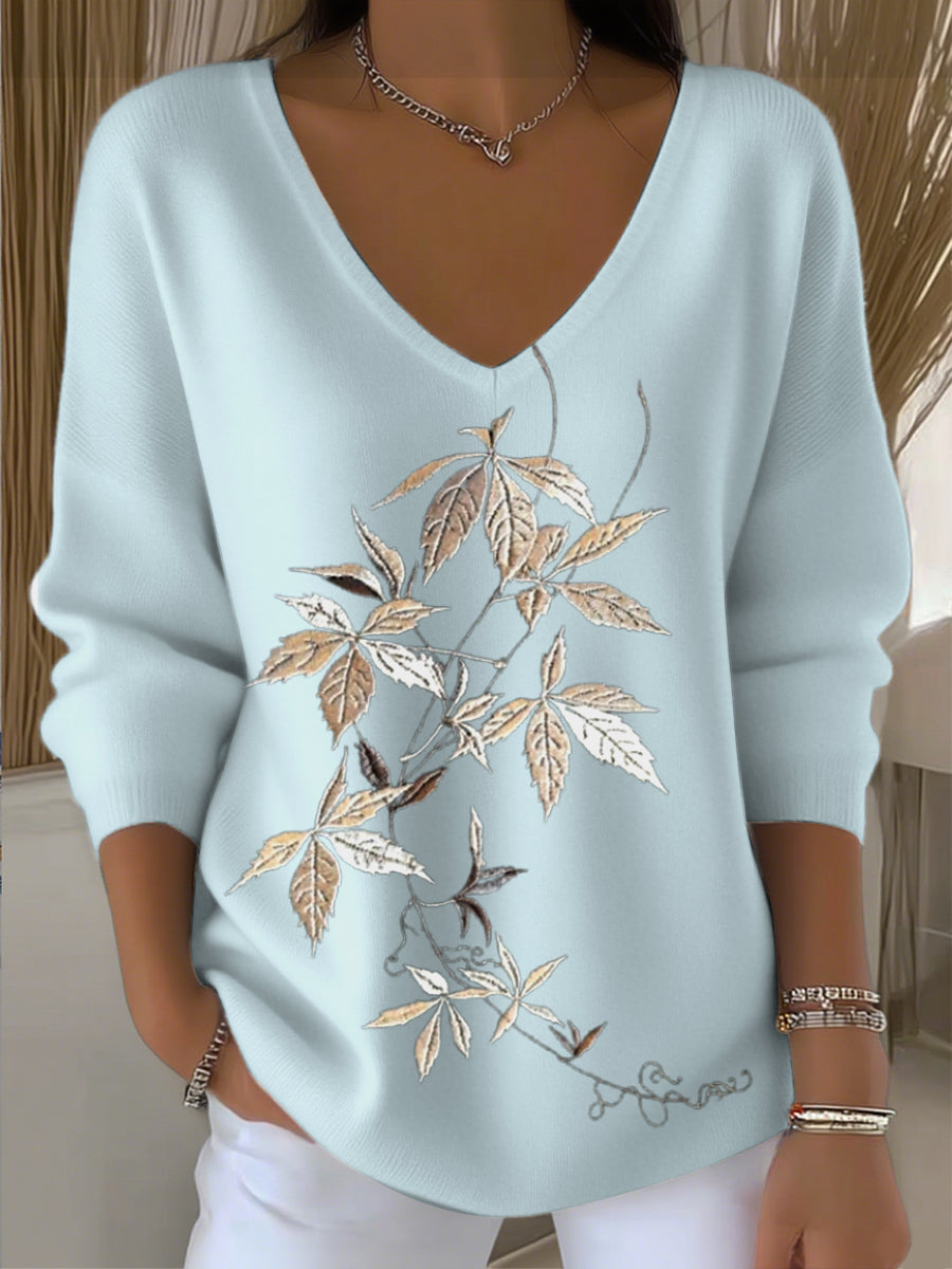 Pull col V pour femme brodé de feuilles beiges