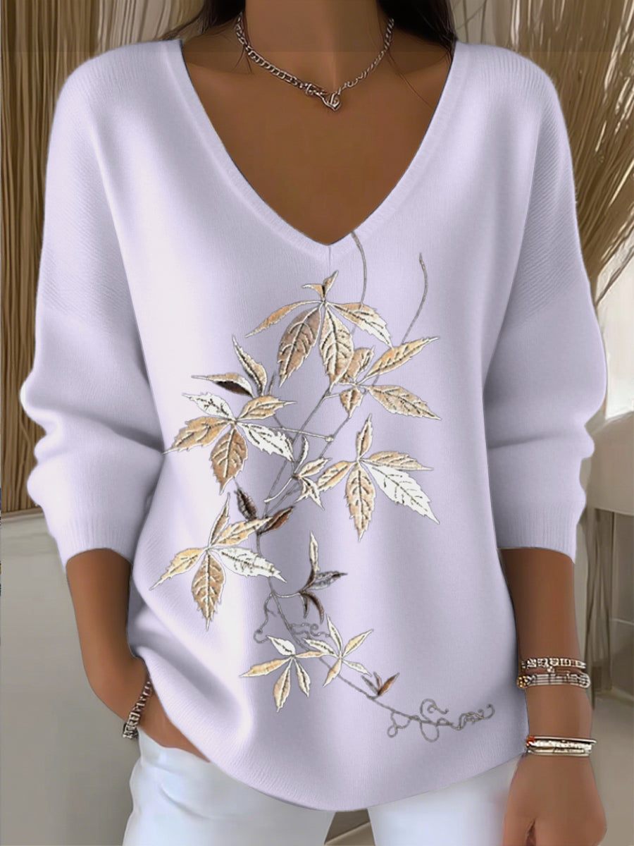 Pull col V pour femme brodé de feuilles beiges