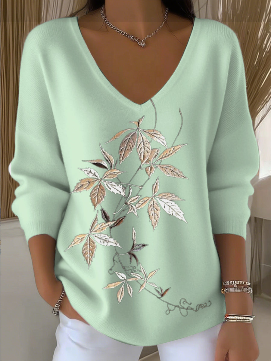 Pull col V pour femme brodé de feuilles beiges