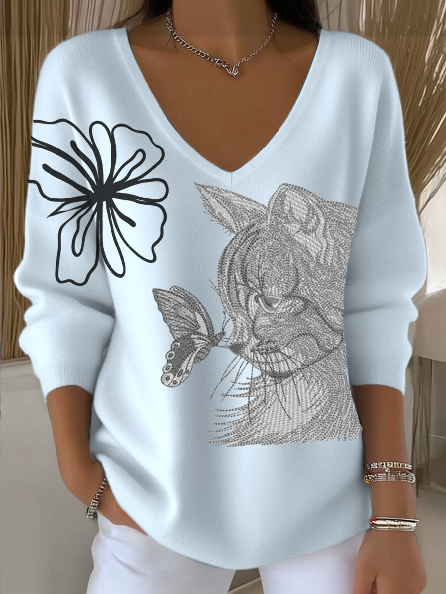 Pull bleu clair col V brodé chat pour femme