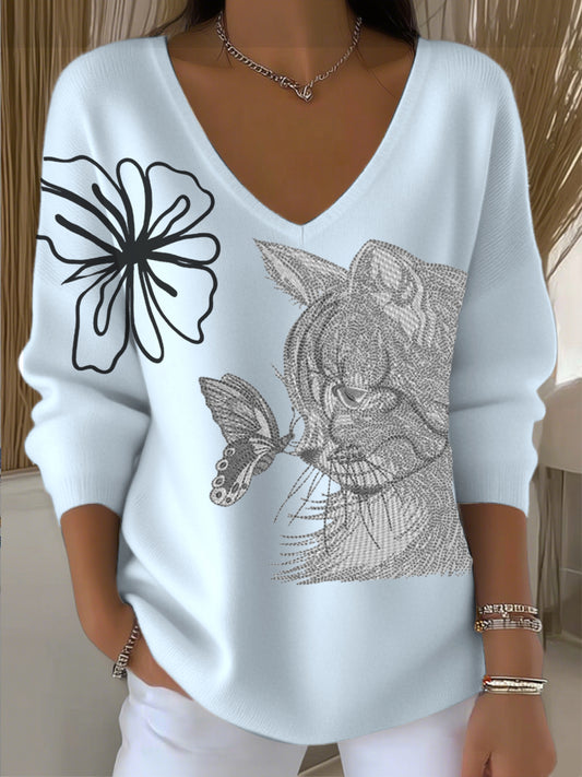Pull bleu clair col V brodé chat pour femme