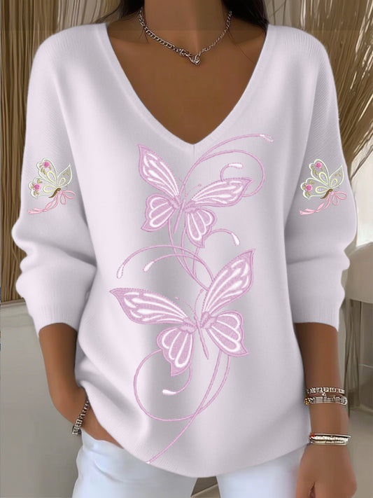 Pull à col en V simple pour femmes avec broderie papillon rose clair