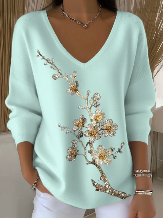 Pull à col en V simple broderie florale diamant bleu-vert pour femme