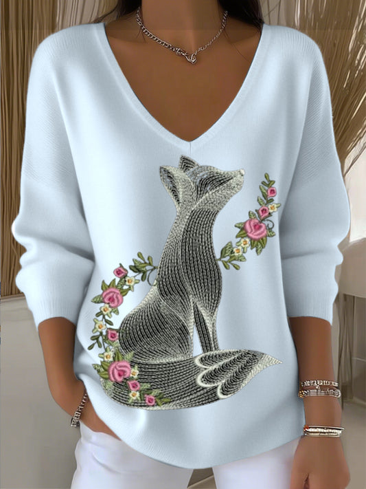 Pull bleu clair à col en V brodé de renard mignon pour femme