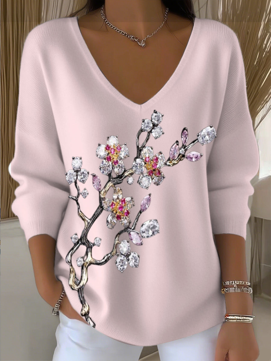 Pull femme rose clair diamant broderie florale col V