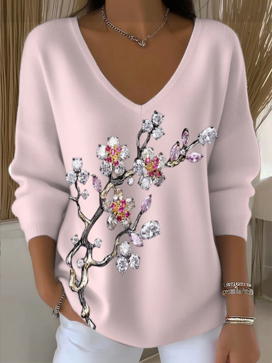 Pull femme rose clair diamant broderie florale col V