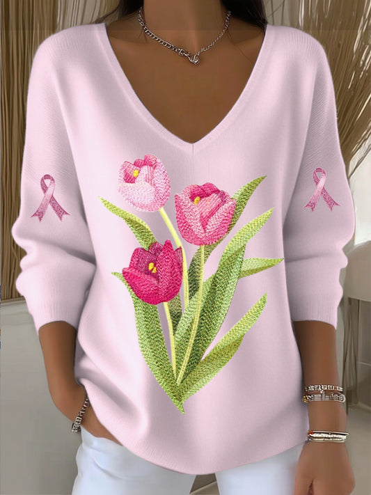 Pull col V femme rose brodé tulipe