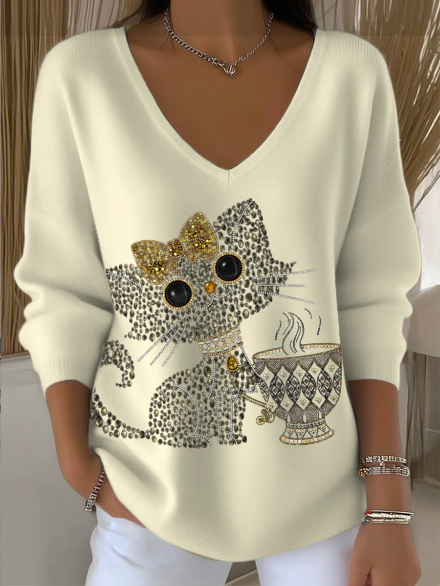 Pull Femme Jaune Clair Brodé Chat et Café