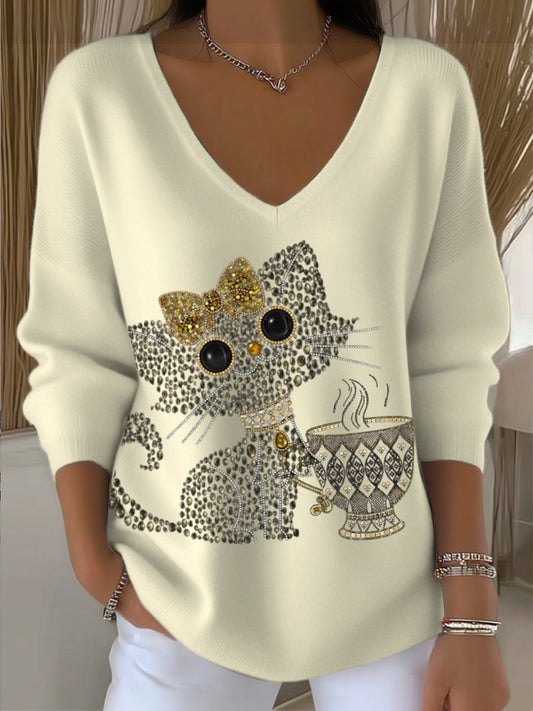 Pull Femme Jaune Clair Brodé Chat et Café