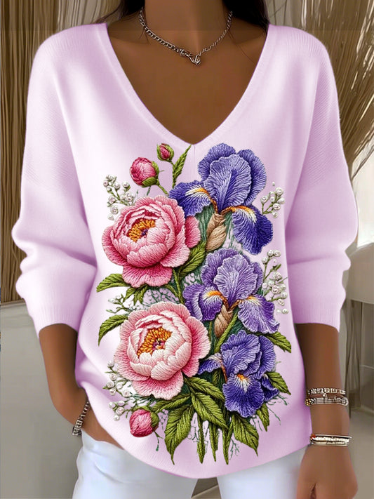 Pull femme rose col V avec broderie florale
