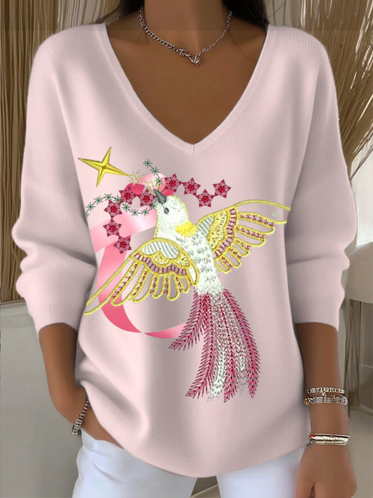 Pull Femme Petit Oiseau Brodé Ruban Rose Clair Col V