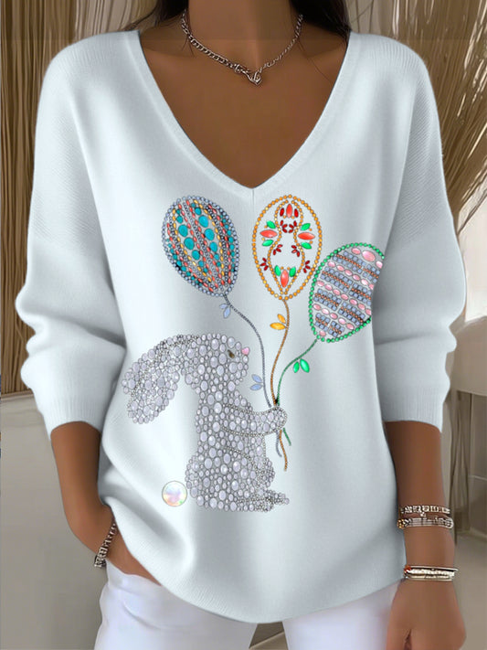 Pull Femme Diamant Mignon Lapin et Ballon Brodé Bleu Clair Col V