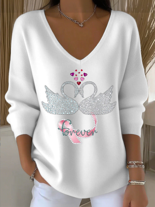 Pull Femme Blanc À Col V Brodé Cygne Diamant Et Ruban