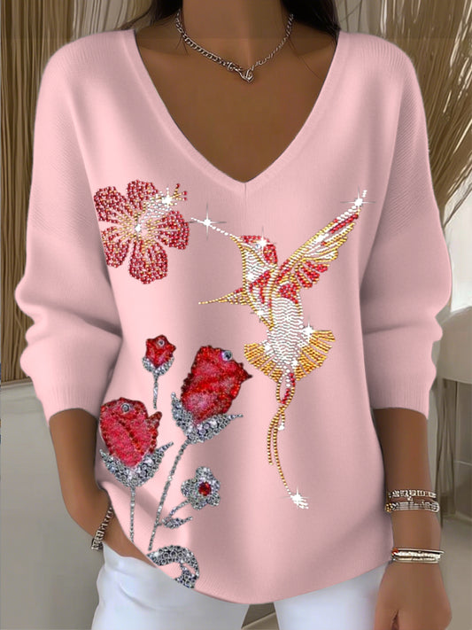 Pull Femme Rose Et Oiseau Diamant Brodé Col V Rose