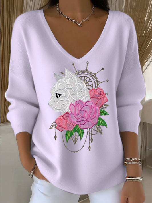 Pull femme violet clair col V brodé chat et rose