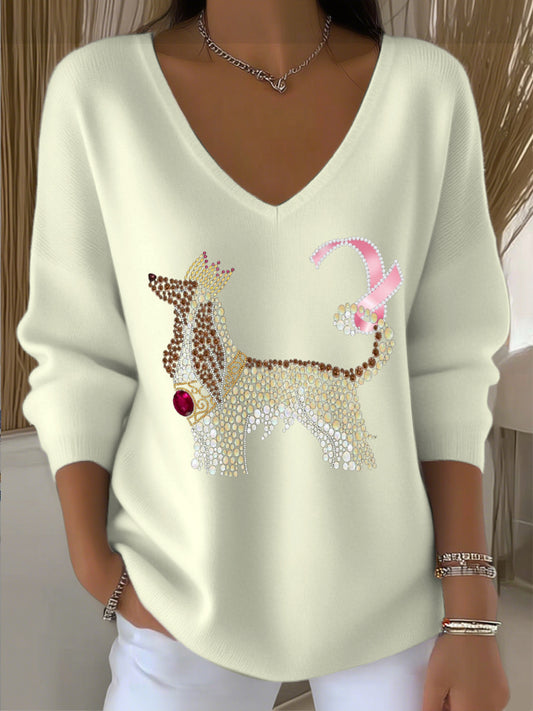 Pull Femme Diamant Chien Brodé Rose Ruban Col V