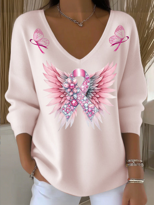 Pull Femme Rose Cancer Du Sein Col V