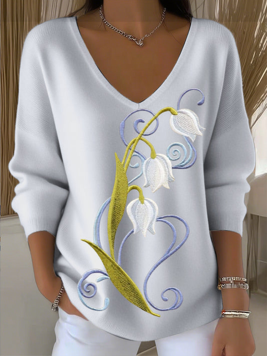 Pull à col V femme bleu clair violet avec broderie florale