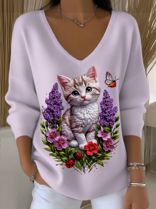 Pull col V brodé petit chat femme