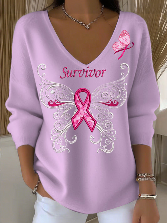 Femmes papillon ruban thème cancer du sein V-cou pull