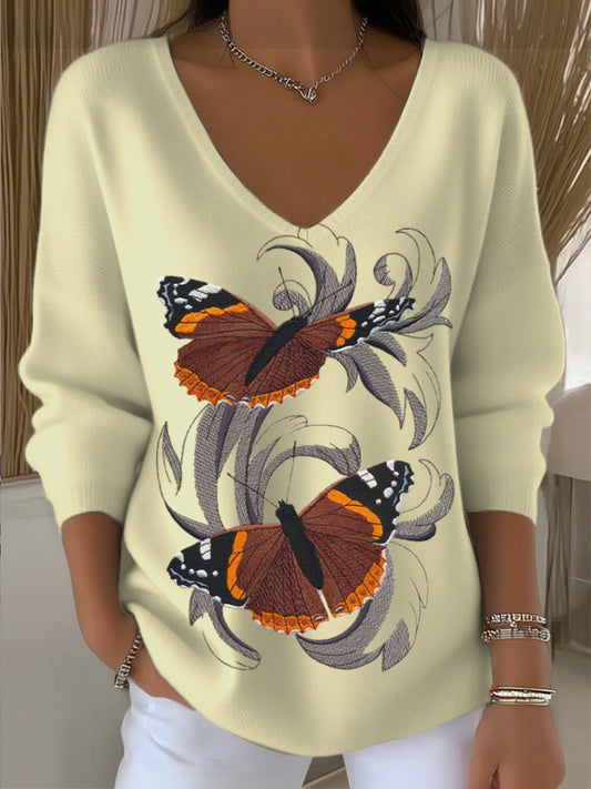 Pull Femme Jaune Papillon Brodé Col V