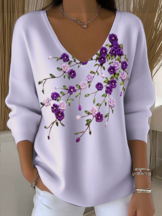 Pull à col en V violet clair pour femme avec broderie florale