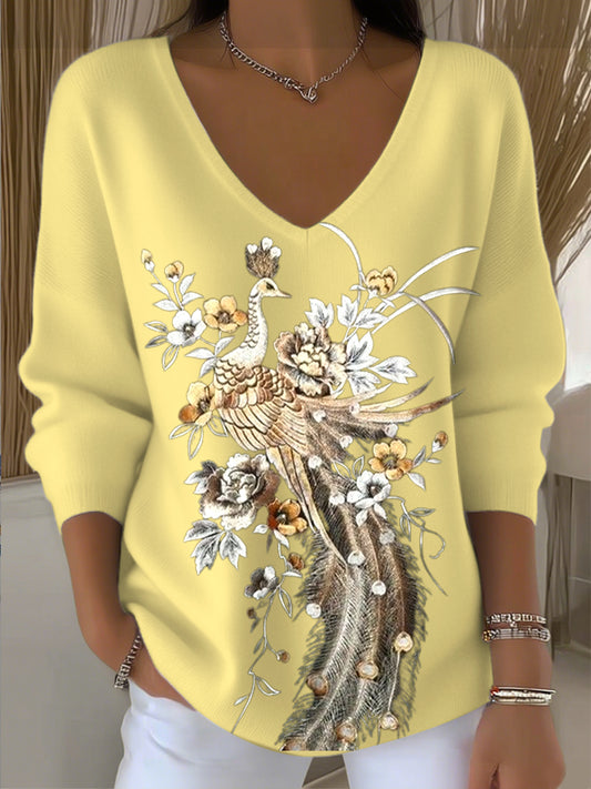 Pull à col en V brodé Peacock Femme