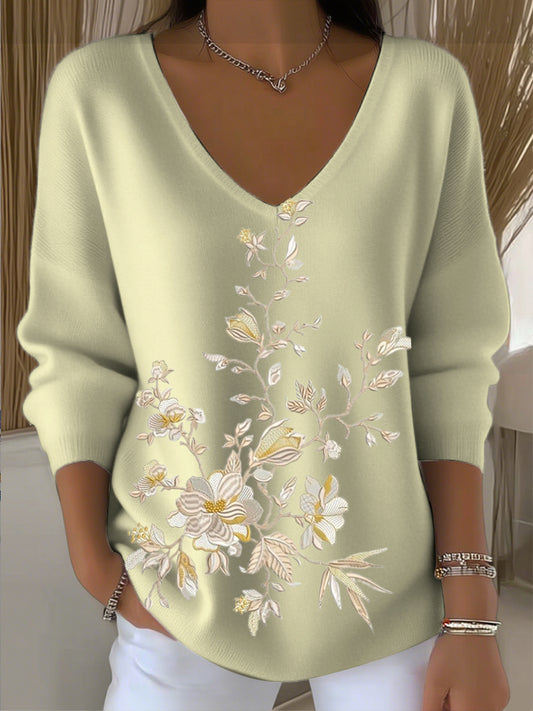 Femmes herbe jaune floral broderie V-cou pull